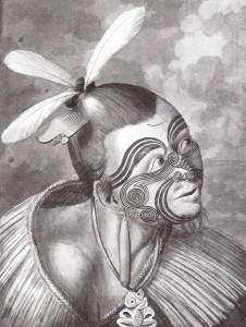 Figure 2: "Moko" Maori facial tatoo.  Sidney Parkinson, from Hawkesworth's Account of Some Voyages (1773).