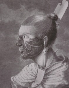 Figure 3: "Puhoro" Maori facial tattoo.  Sidney Parkinson.  Hawkesworth's "An Account of the Voyages..." (1773).