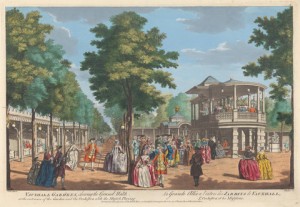 Vauxhall Gardens shewing the Grand Walk at the Entrance of the Garden and the Orchestra with the Music Playing.  John S. Muller, ca. 1715-1792, German, active in Britain; after Samuel Wale, 1721-1786, British.  After 1751.  Yale Center for British Art, Paul Mellon Collection.