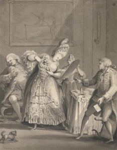 Samuel Hieronymus Grimm, "The English Lady at Paris" (1771).  Gray wash with black ink over graphite on medium, slightly textured, cream laid paper.  Sheet: 12 1/2 x 9 5/8 inches (31.8 x 24.4 cm).  Inscribed in gray ink, lower left: "S H Grimm fecit 1771"; in gray ink, center right: "To Alderman | Paris"; in brown ink, verso, upper center: "The English lady at Paris - No. 8.", Signed and dated in gray ink, lower left: "S H Grimm fecit 1771"  Yale Center for British Art, Paul Mellon Collection  