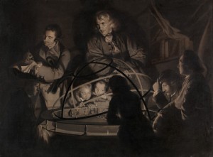 Joseph Wright of Derby, Philosopher Giving a Lecture on the Orrery.  ca. 1768. Oil on canvas. 17 5/8 x 23 1/2 inches (44.8 x 59.7 cm).  Yale Center for British Art, Paul Mellon Collection.  