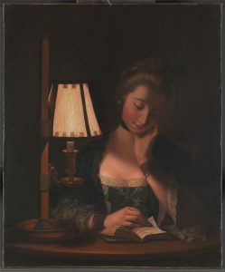 Henry Robert Morland, 1730–1797, British, Woman Reading by a Paper-Bell Shade, 1766, Oil on canvas, Yale Center for British Art, Paul Mellon Collection, B1989.32.